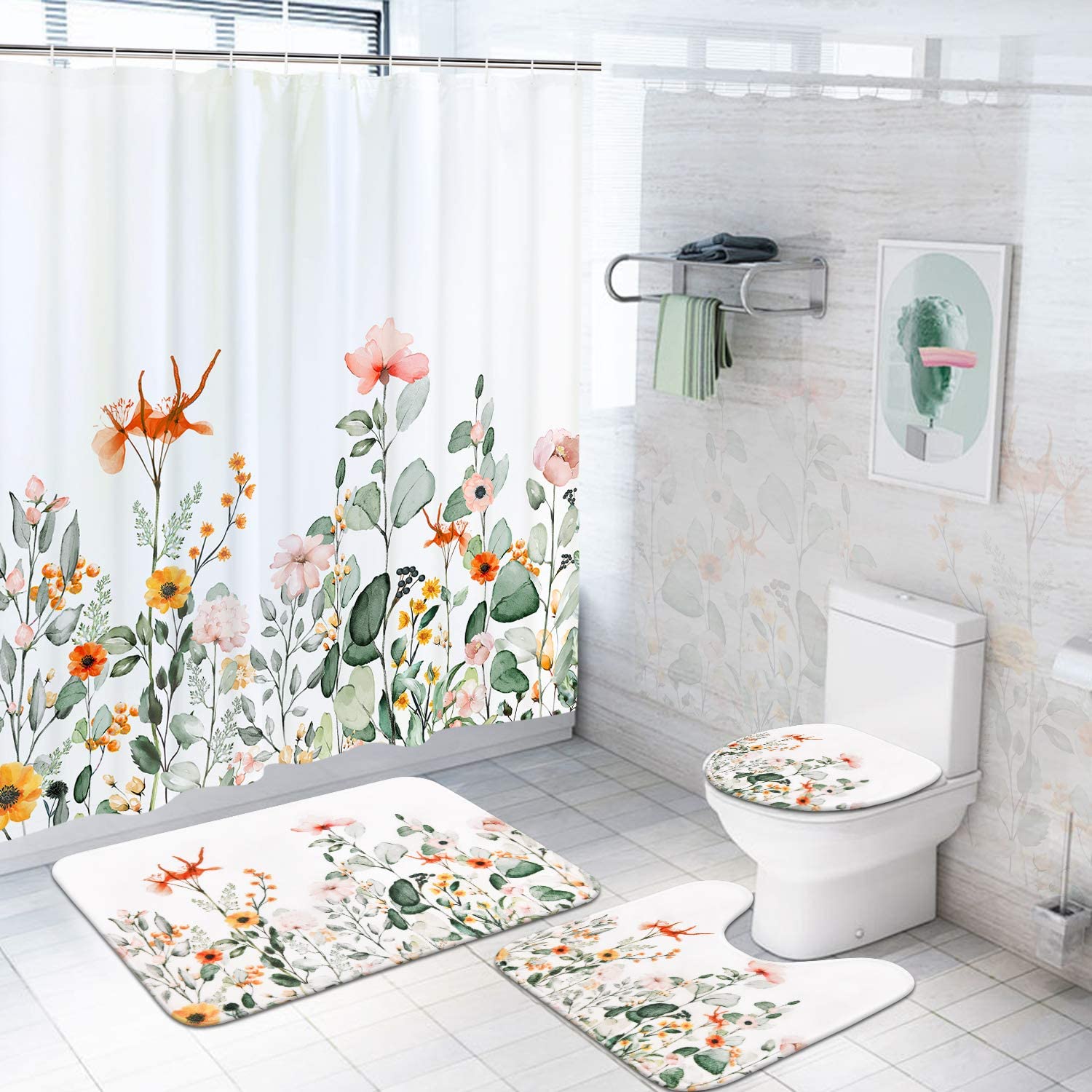 Bohemian Flowers Bathroom Shower Curtain Toilet Cover Bath Mat Rugs Carpets Set 