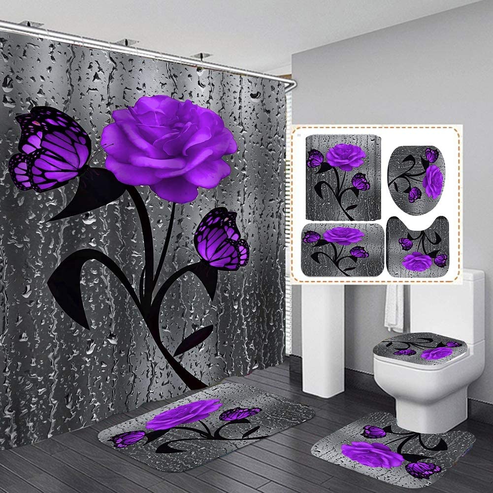 Details about   Blue Butterfly and Flowers Shower Curtain Toilet Cover Rug Bath Mat Contour Rug 