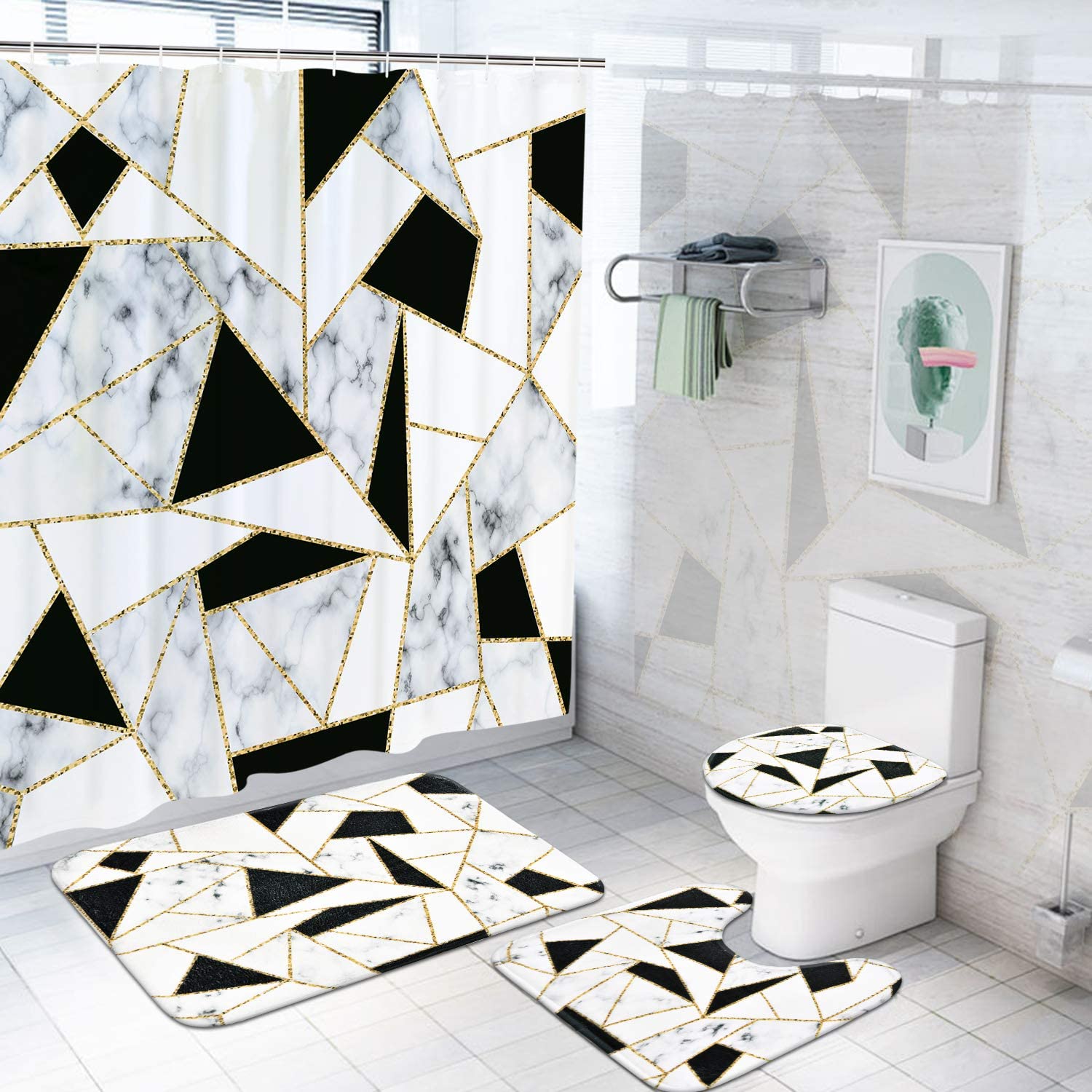 4 Pcs Marble Shower Curtain Set With, White And Gold Shower Curtain Set